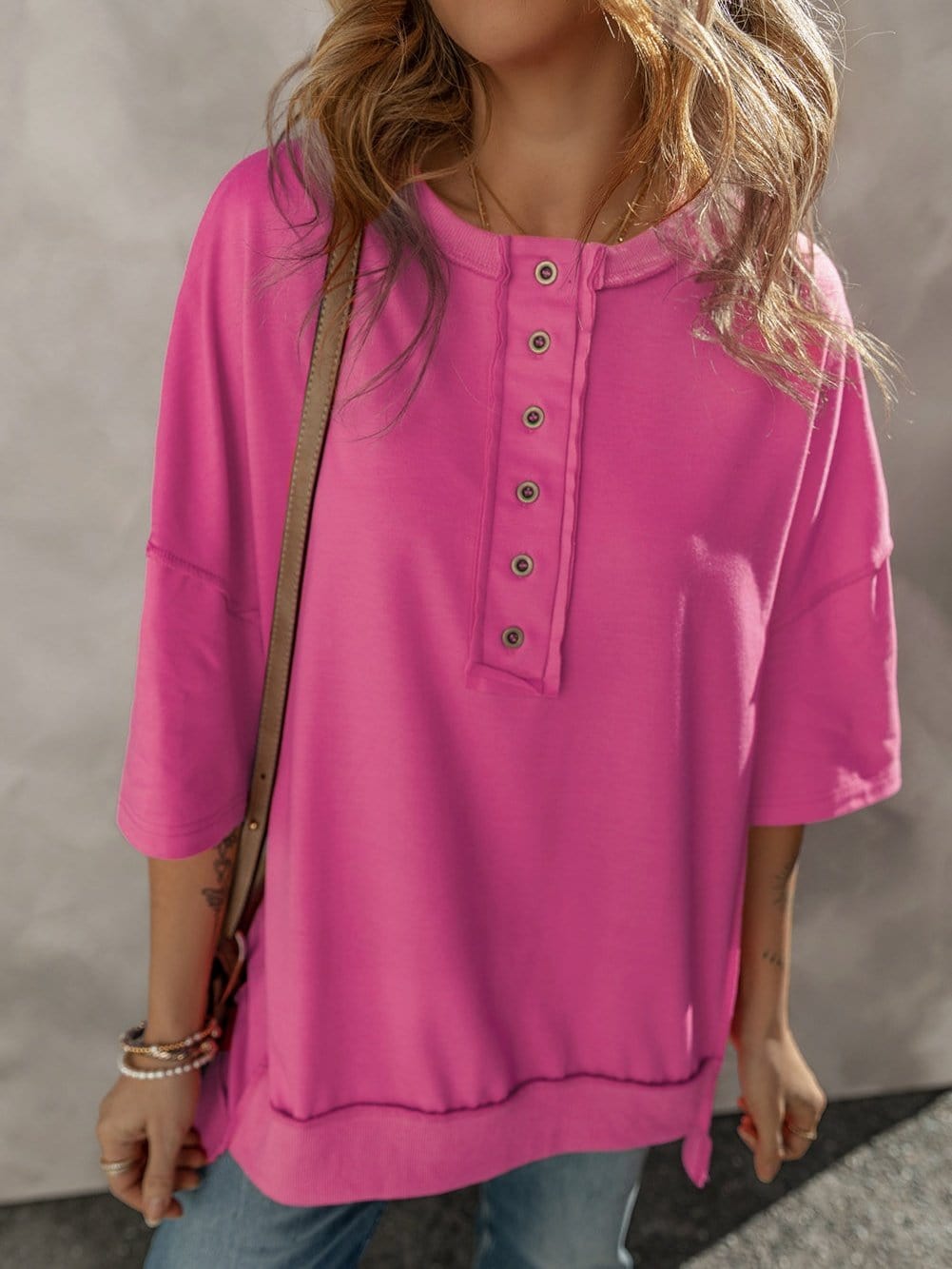 Rose Red Exposed Seam V-Neck Button Detail Tunic Top