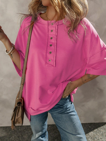 Rose Red Exposed Seam V-Neck Button Detail Tunic Top