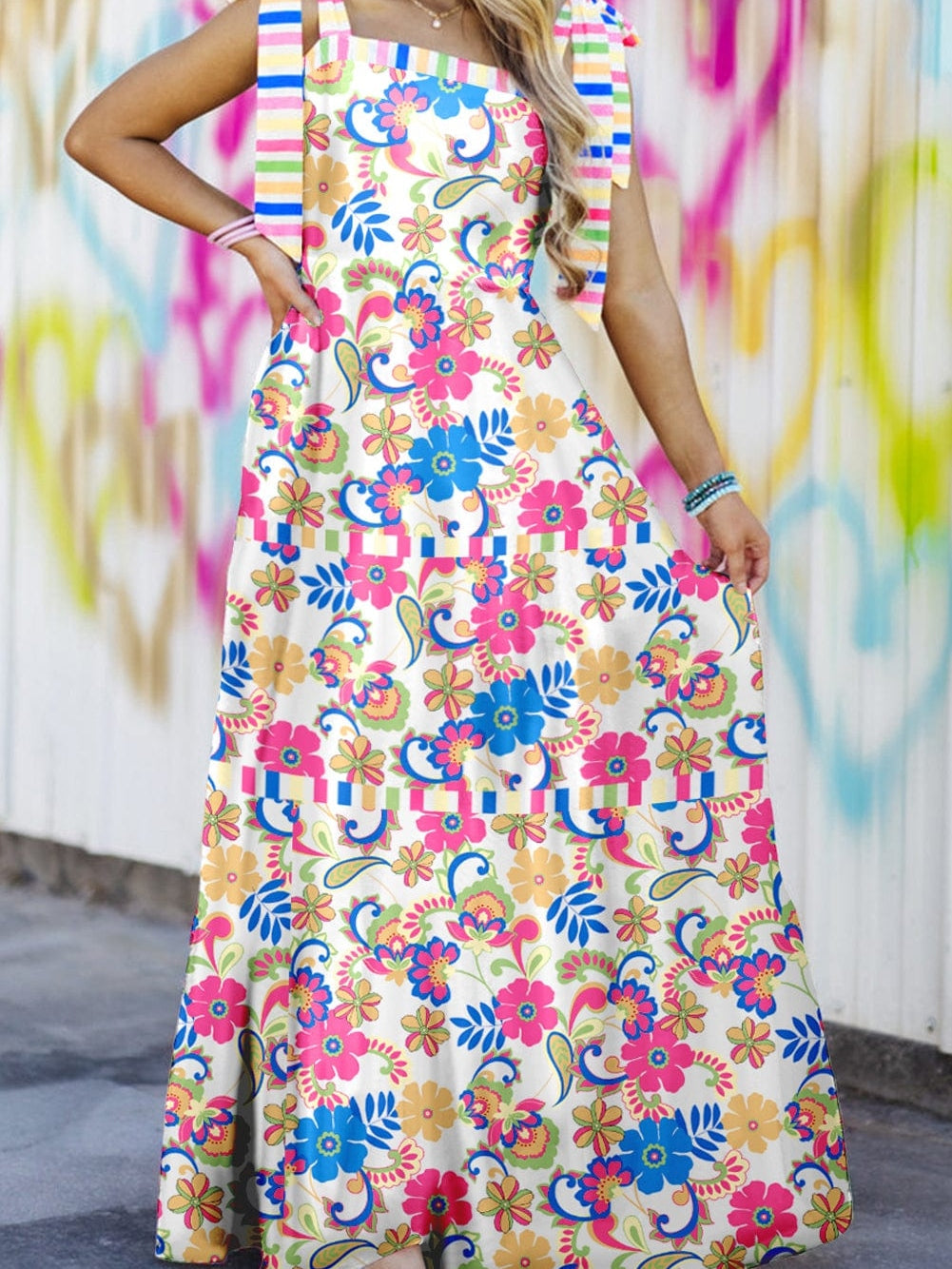 Rose Red Floral Maxi Dress with Self-tie Straps and Striped Trim