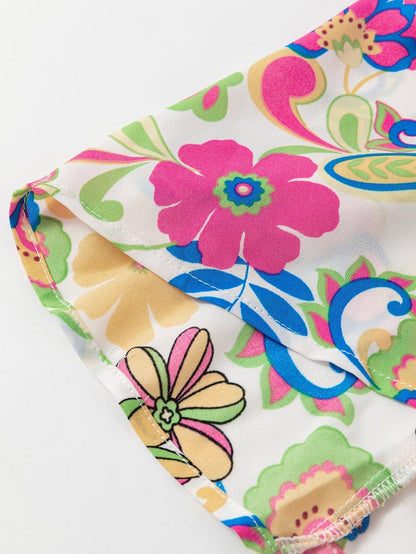 Rose Red Floral Maxi Dress with Self-tie Straps and Striped Trim