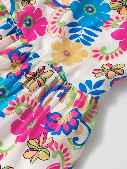 Rose Red Floral Maxi Dress with Self-tie Straps and Striped Trim