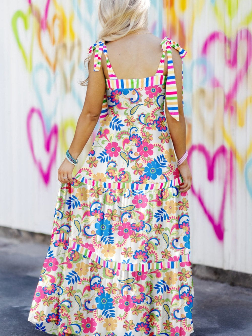 Rose Red Floral Maxi Dress with Self-tie Straps and Striped Trim