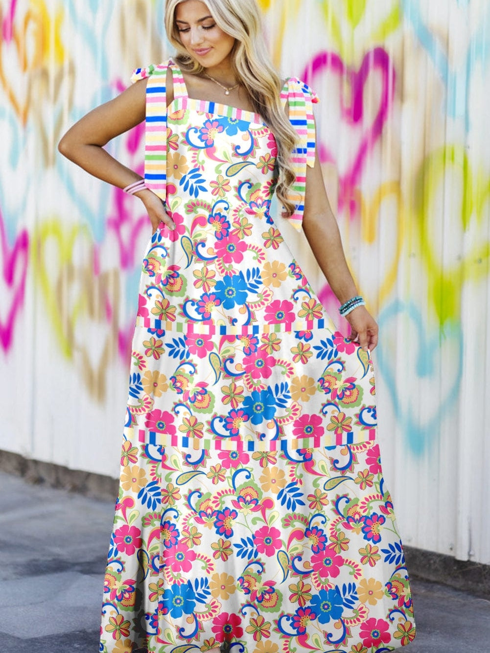Rose Red Floral Maxi Dress with Self-tie Straps and Striped Trim