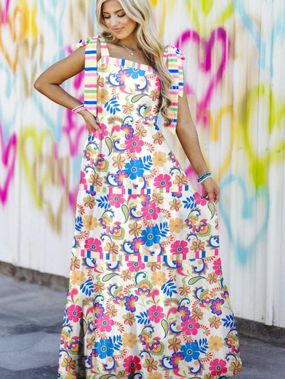 Rose Red Floral Maxi Dress with Self-tie Straps and Striped Trim