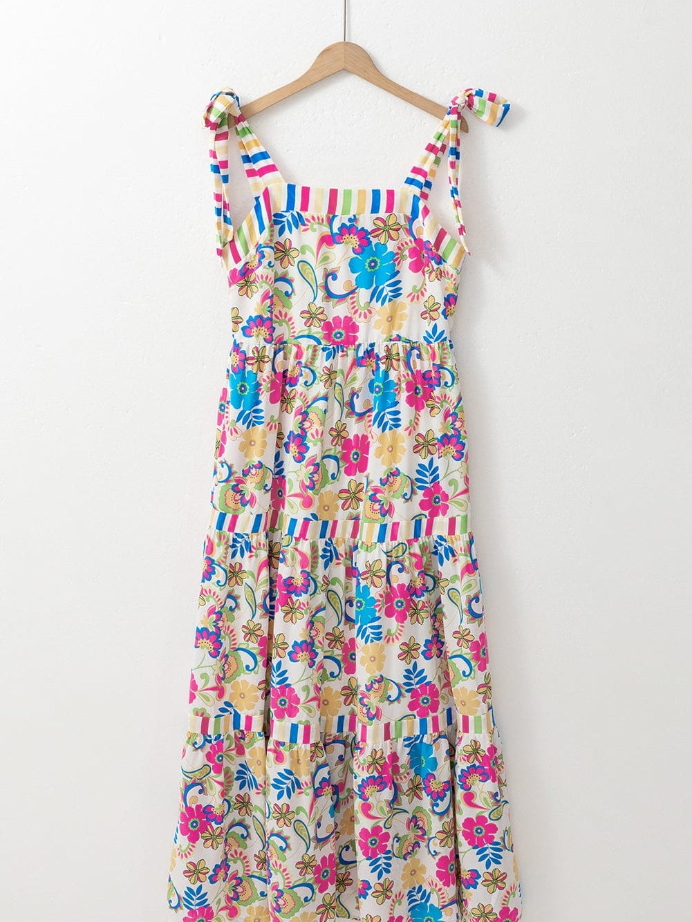 Rose Red Floral Maxi Dress with Self-tie Straps and Striped Trim