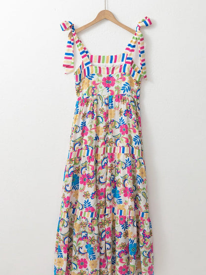 Rose Red Floral Maxi Dress with Self-tie Straps and Striped Trim