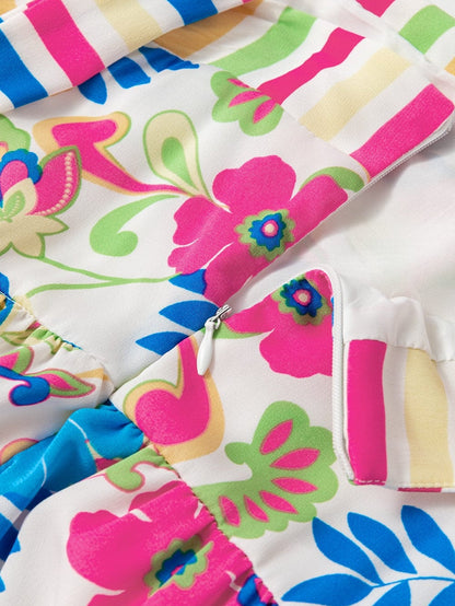 Rose Red Floral Maxi Dress with Self-tie Straps and Striped Trim