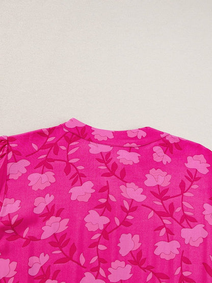 Rose Red Floral Pleated Drawstring Midi Dress with Puff Sleeves