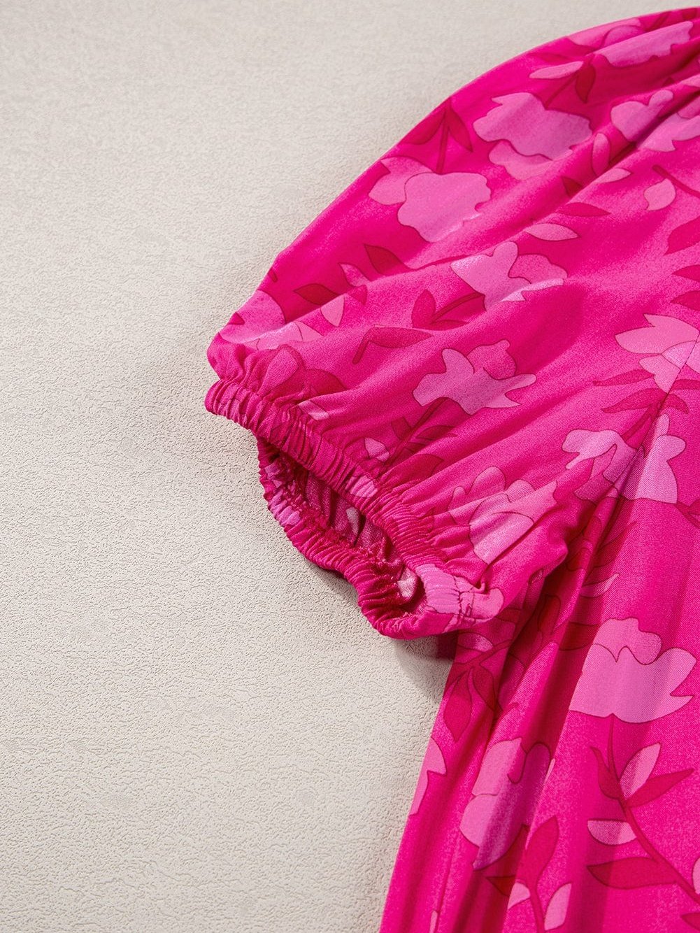 Rose Red Floral Pleated Drawstring Midi Dress with Puff Sleeves