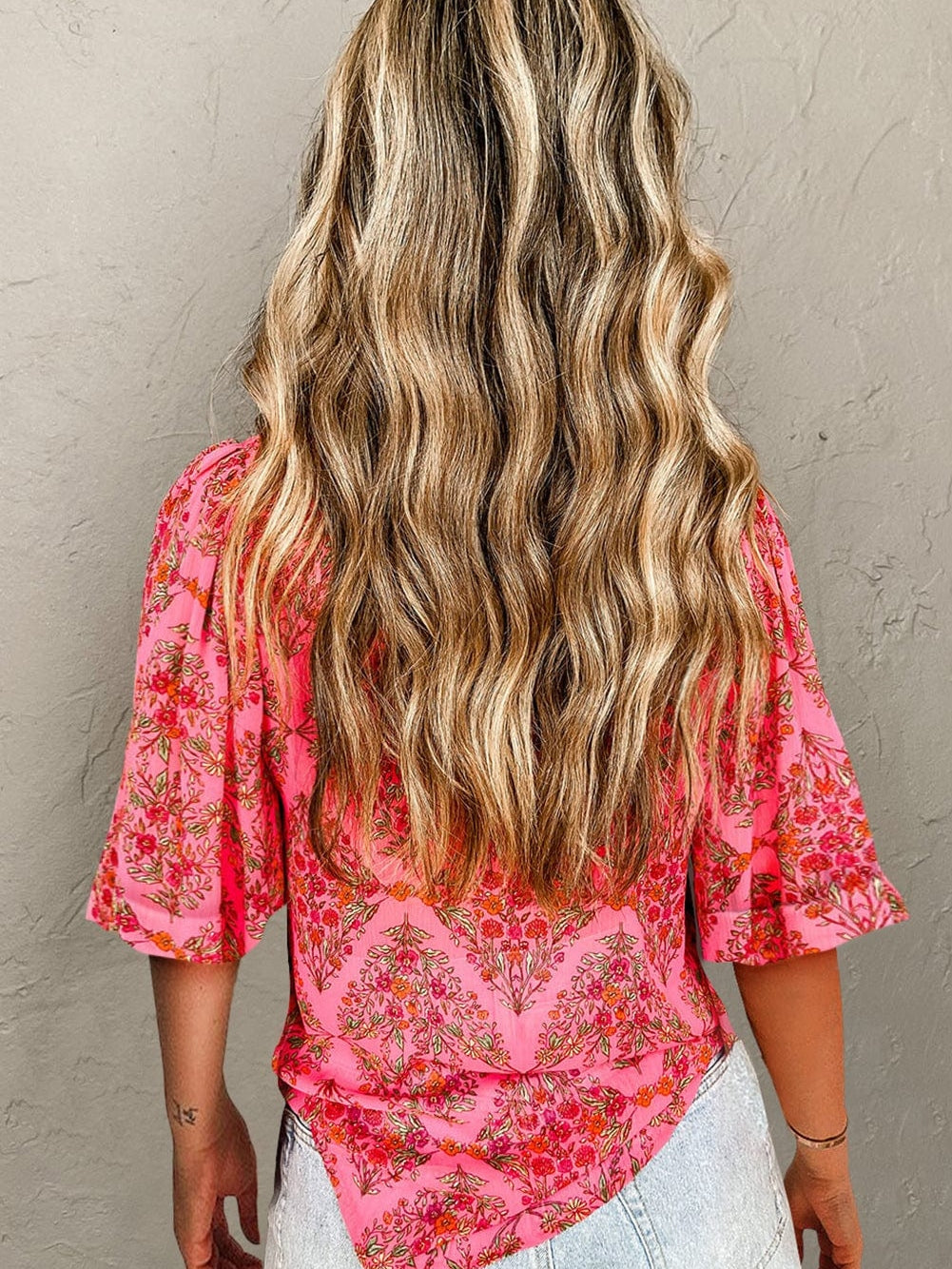 Rose Red Floral Print Wide Sleeve Blouse for Southern Belle Style