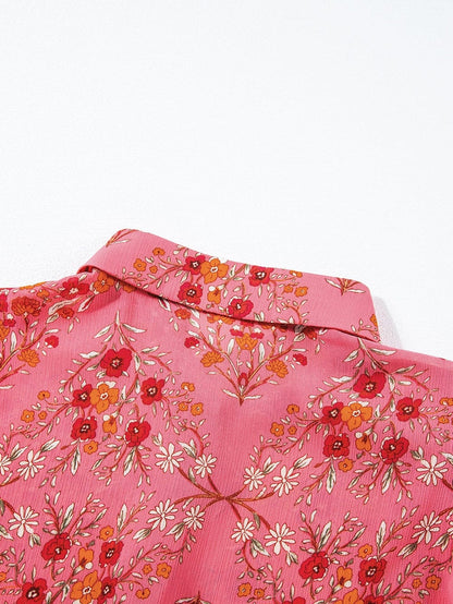 Rose Red Floral Print Wide Sleeve Blouse for Southern Belle Style