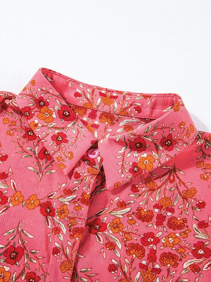 Rose Red Floral Print Wide Sleeve Blouse for Southern Belle Style