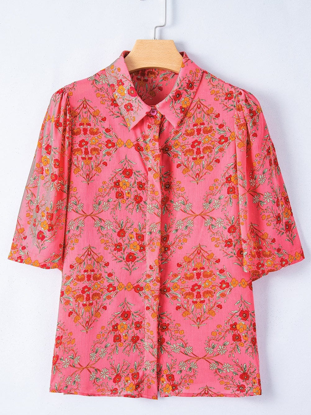 Rose Red Floral Print Wide Sleeve Blouse for Southern Belle Style