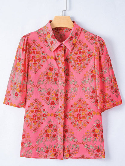 Rose Red Floral Print Wide Sleeve Blouse for Southern Belle Style