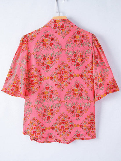 Rose Red Floral Print Wide Sleeve Blouse for Southern Belle Style