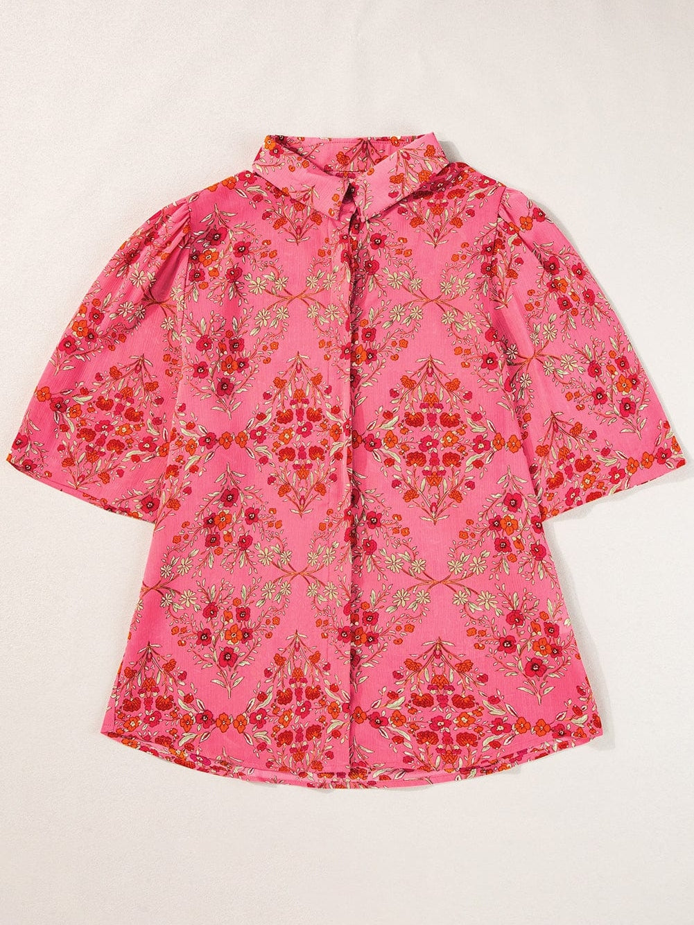 Rose Red Floral Print Wide Sleeve Blouse for Southern Belle Style