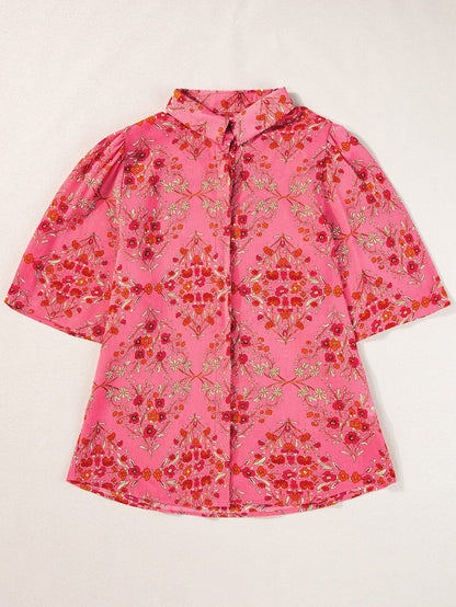Rose Red Floral Print Wide Sleeve Blouse for Southern Belle Style