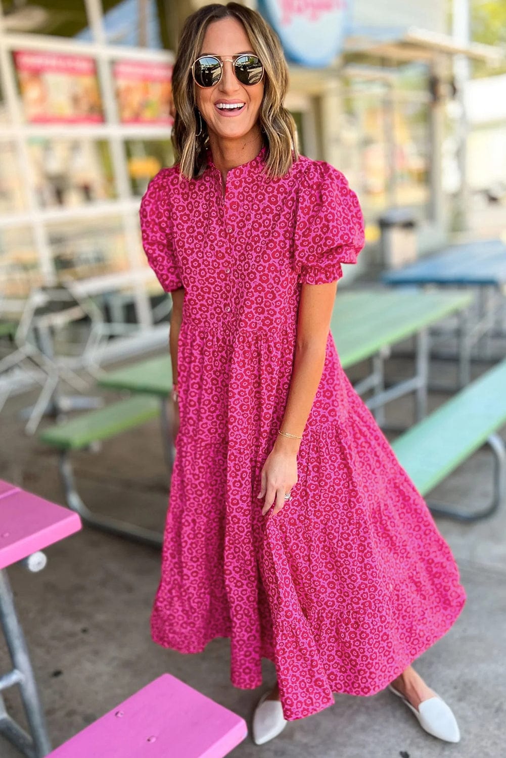 Rose Red Floral Tiered Maxi Dress with Puff Sleeves