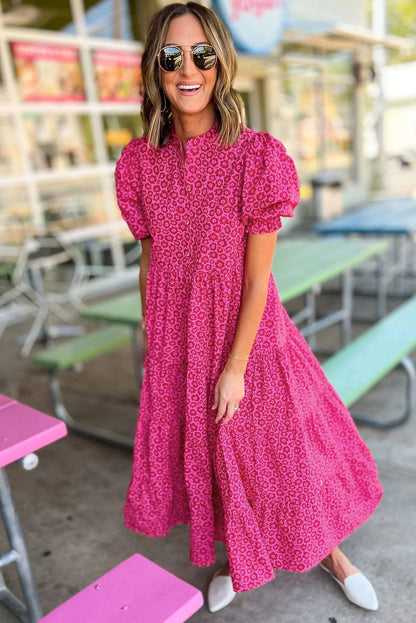 Rose Red Floral Tiered Maxi Dress with Puff Sleeves