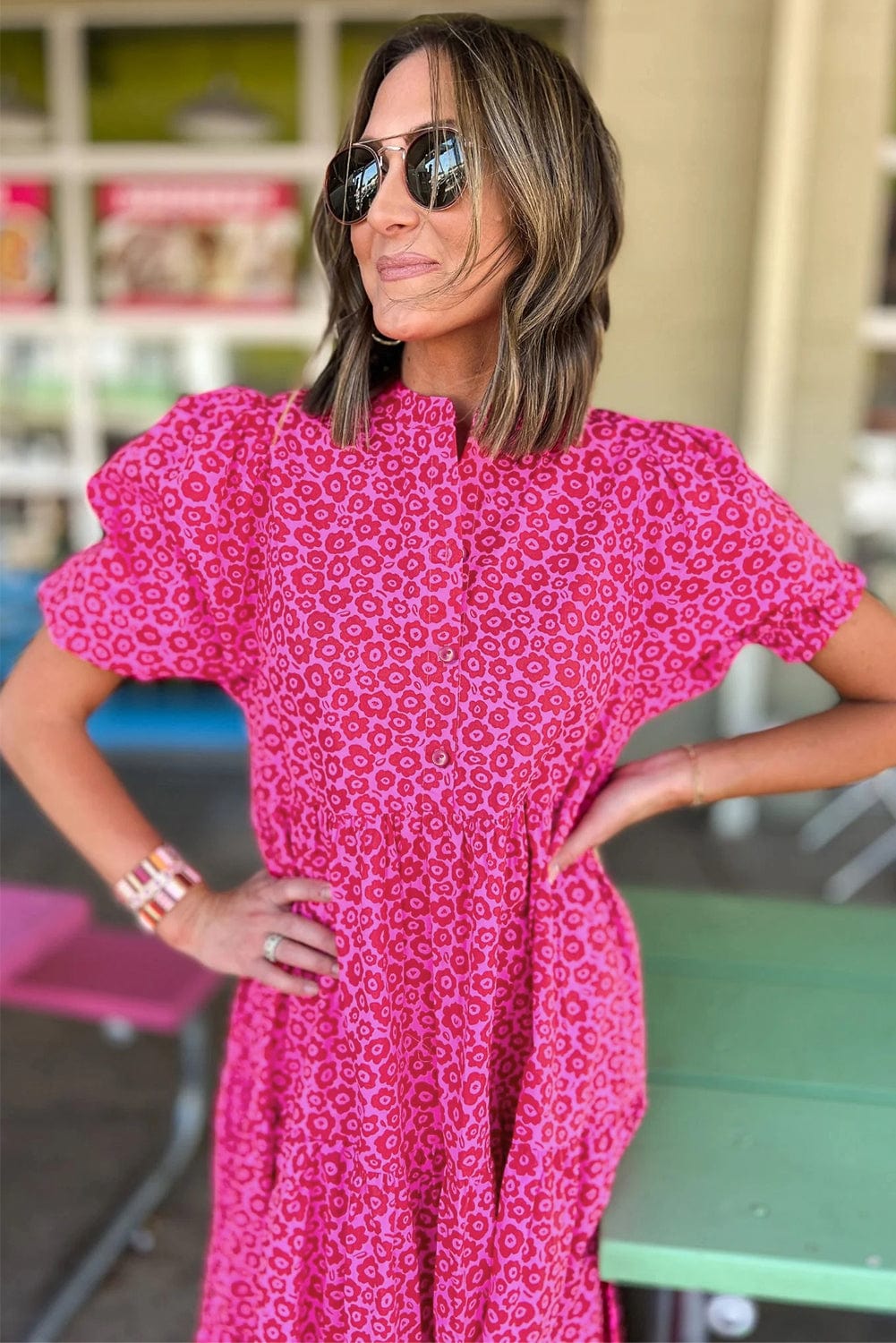 Rose Red Floral Tiered Maxi Dress with Puff Sleeves