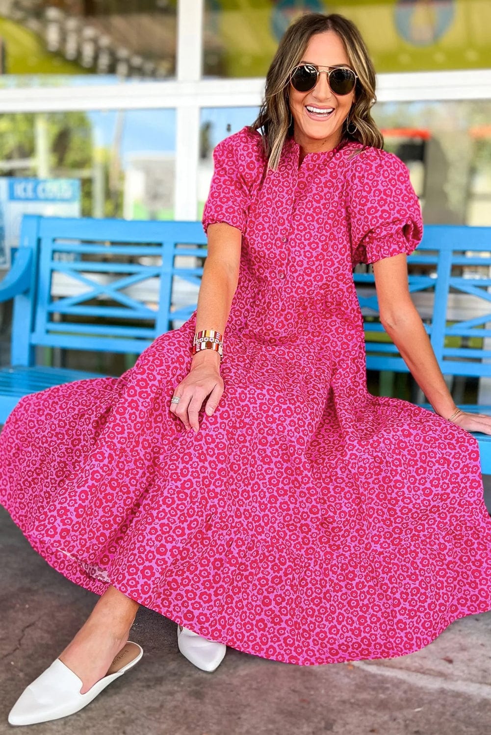 Rose Red Floral Tiered Maxi Dress with Puff Sleeves