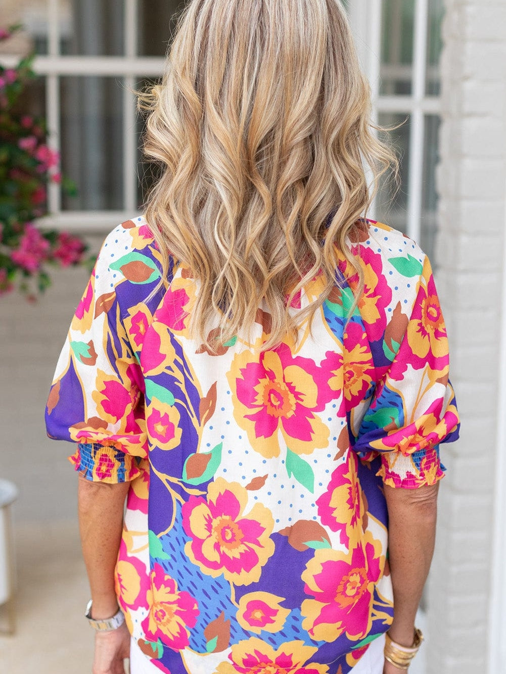 Rose Red Floral V-Neck Bubble Sleeve Blouse