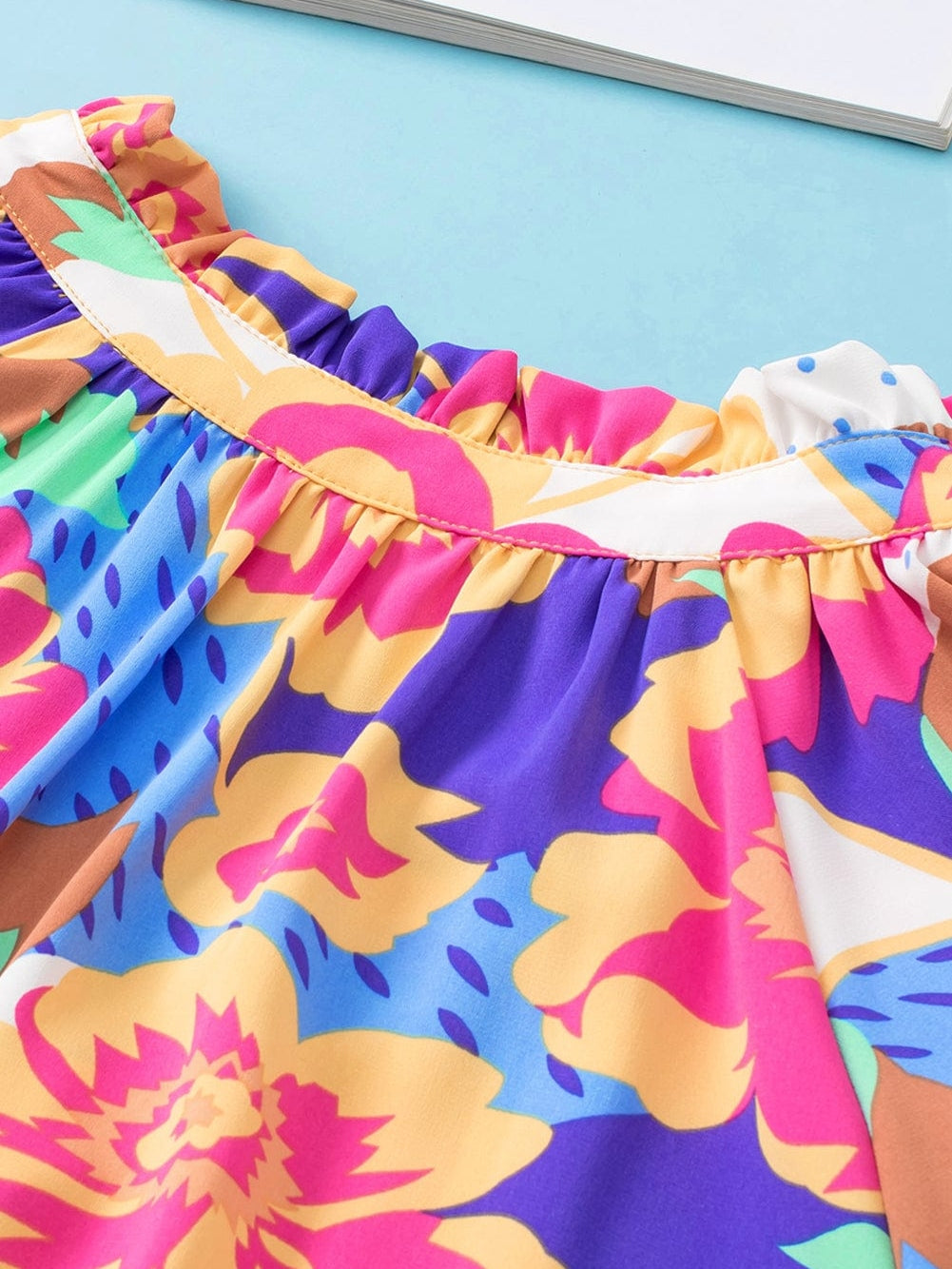 Rose Red Floral V-Neck Bubble Sleeve Blouse