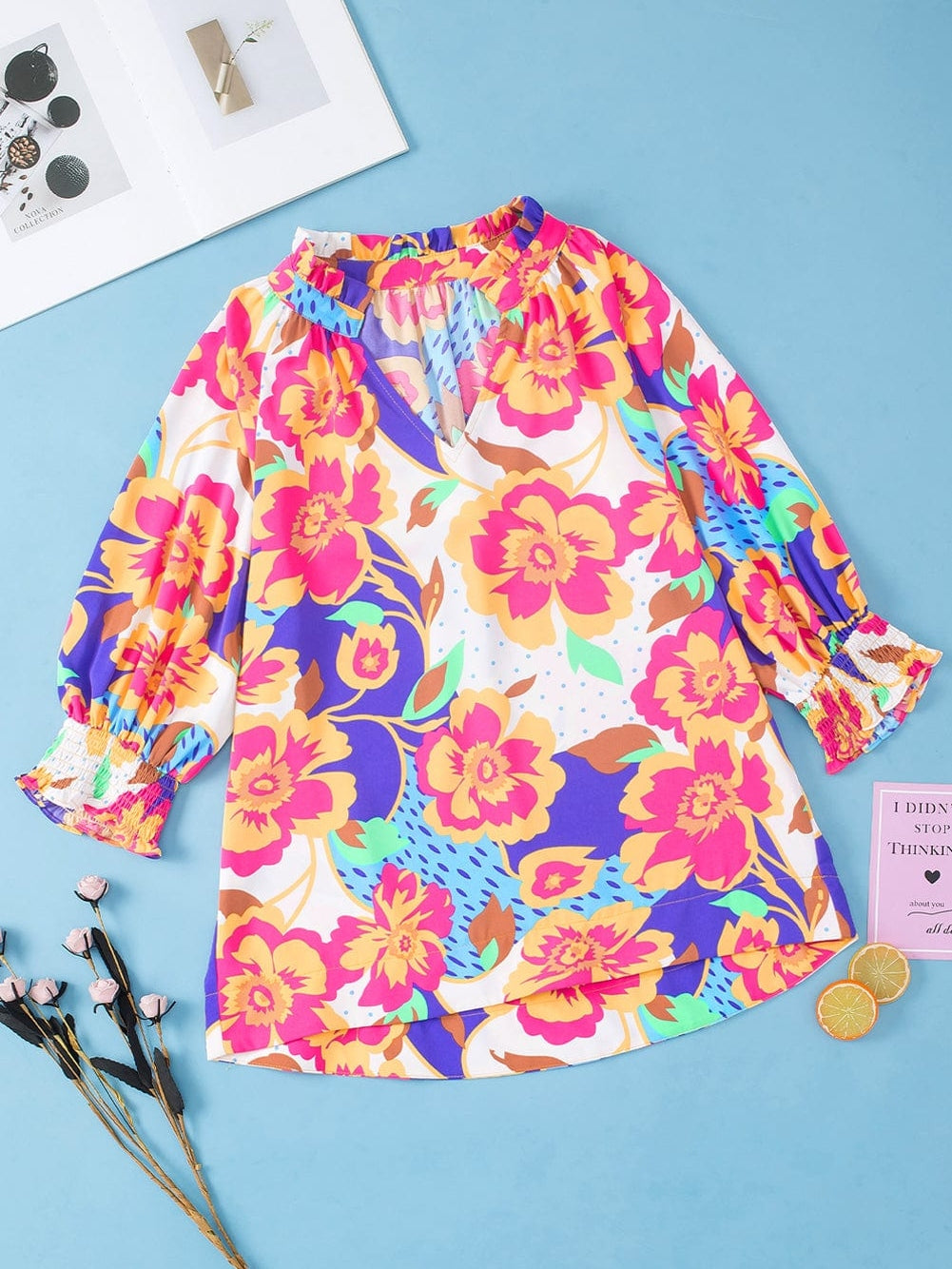 Rose Red Floral V-Neck Bubble Sleeve Blouse