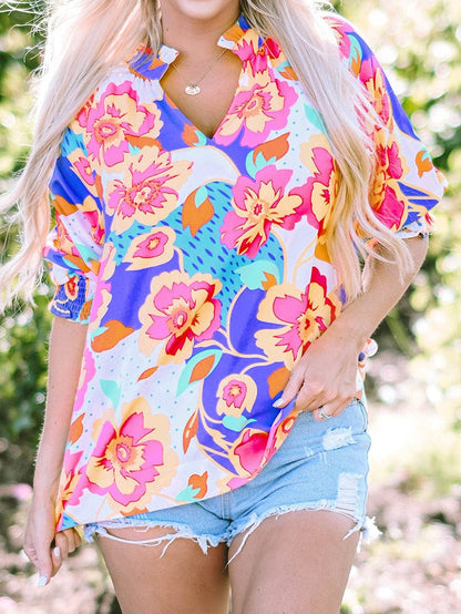 Rose Red Floral V-Neck Bubble Sleeve Blouse
