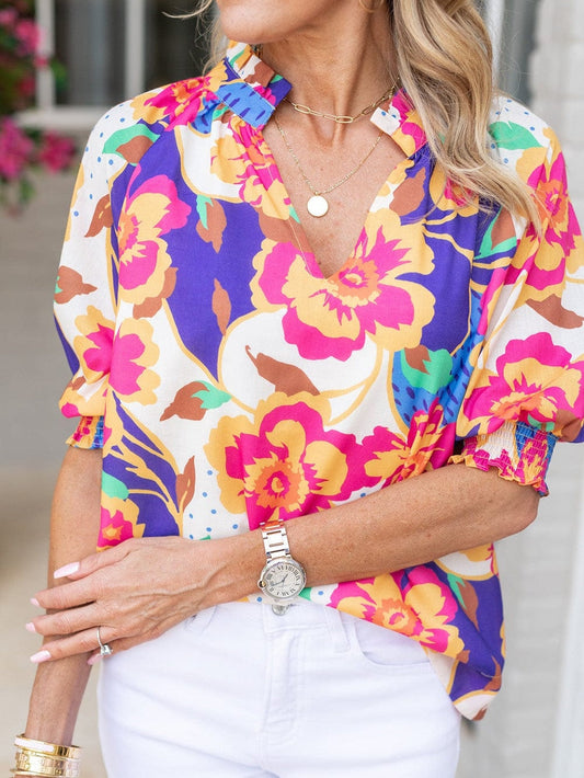 Rose Red Floral V-Neck Bubble Sleeve Blouse