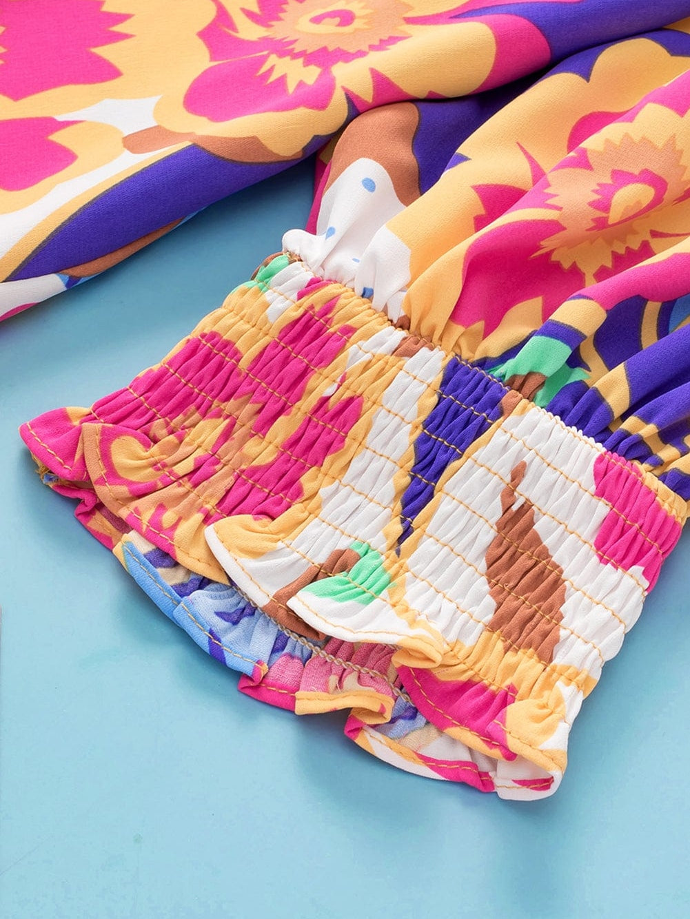 Rose Red Floral V-Neck Bubble Sleeve Blouse