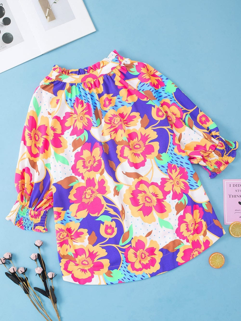 Rose Red Floral V-Neck Bubble Sleeve Blouse