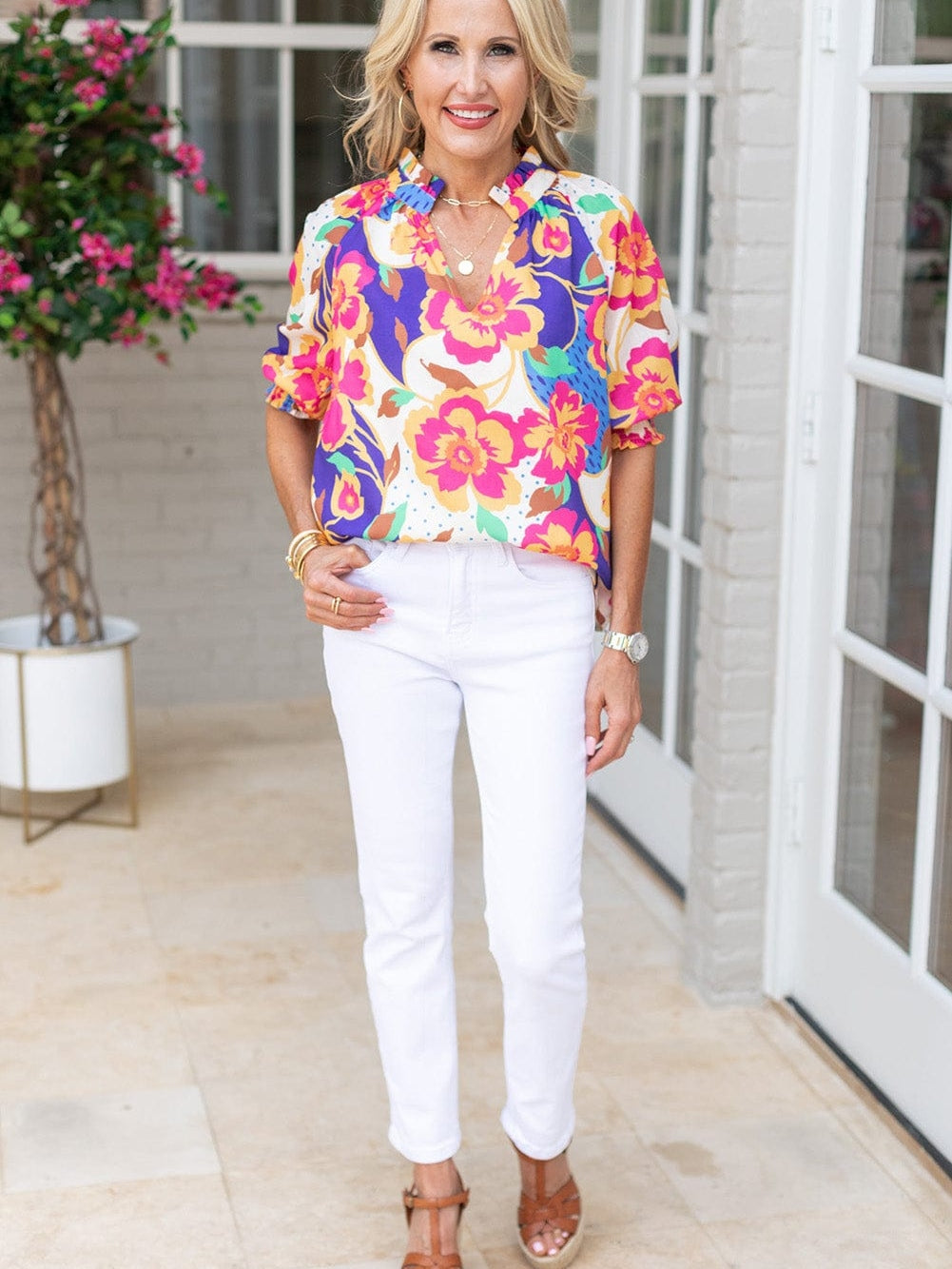 Rose Red Floral V-Neck Bubble Sleeve Blouse