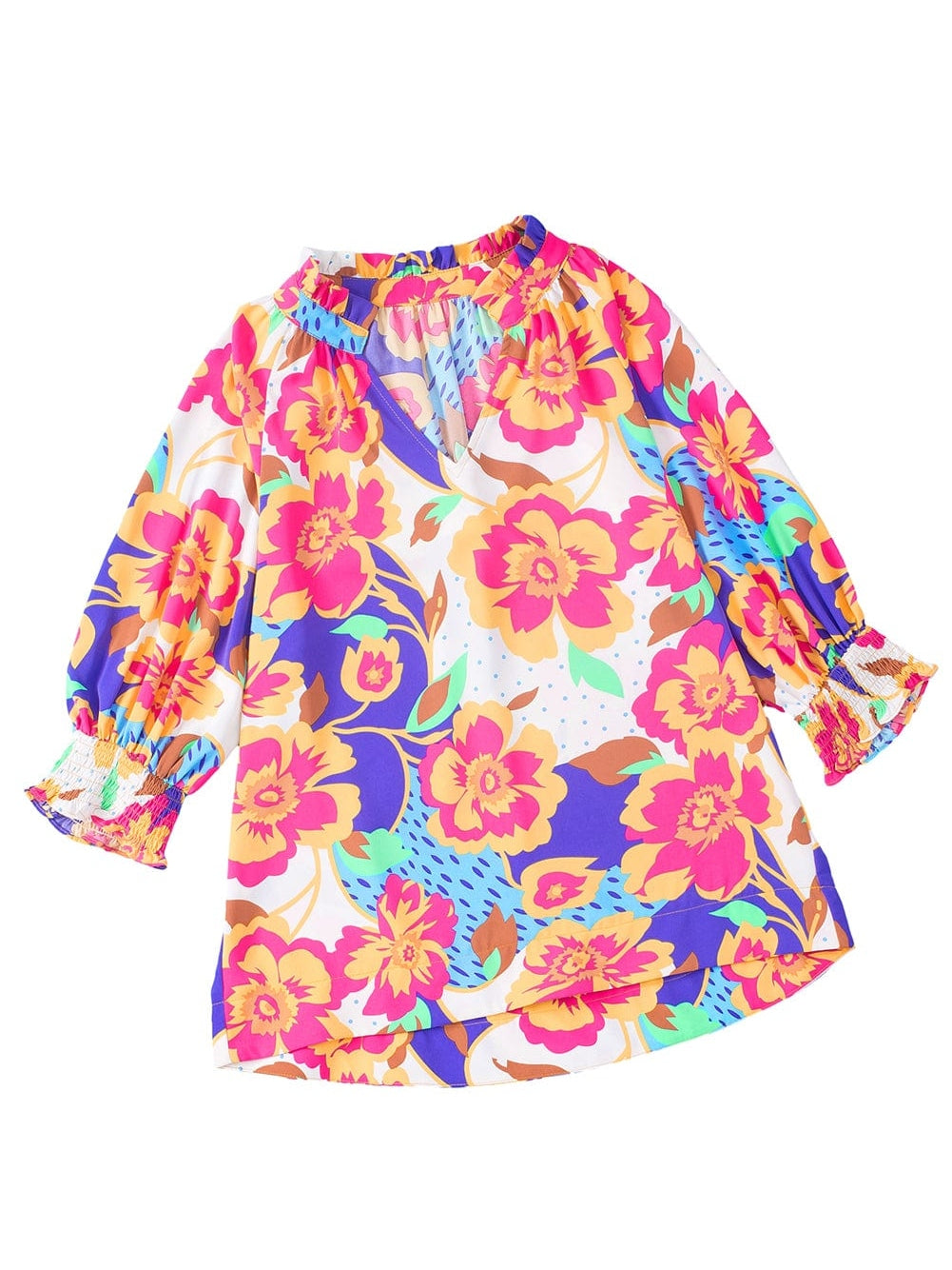 Rose Red Floral V-Neck Bubble Sleeve Blouse