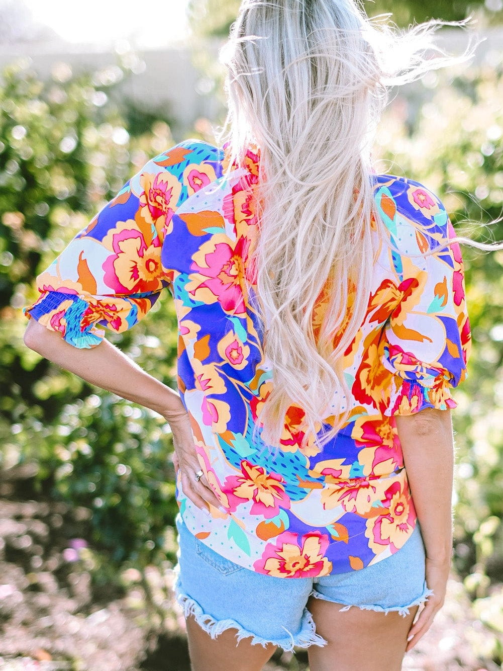 Rose Red Floral V-Neck Bubble Sleeve Blouse