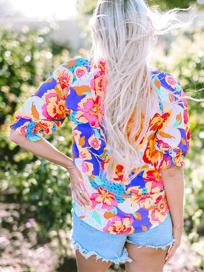 Rose Red Floral V-Neck Bubble Sleeve Blouse