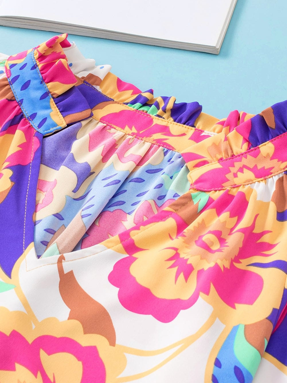 Rose Red Floral V-Neck Bubble Sleeve Blouse