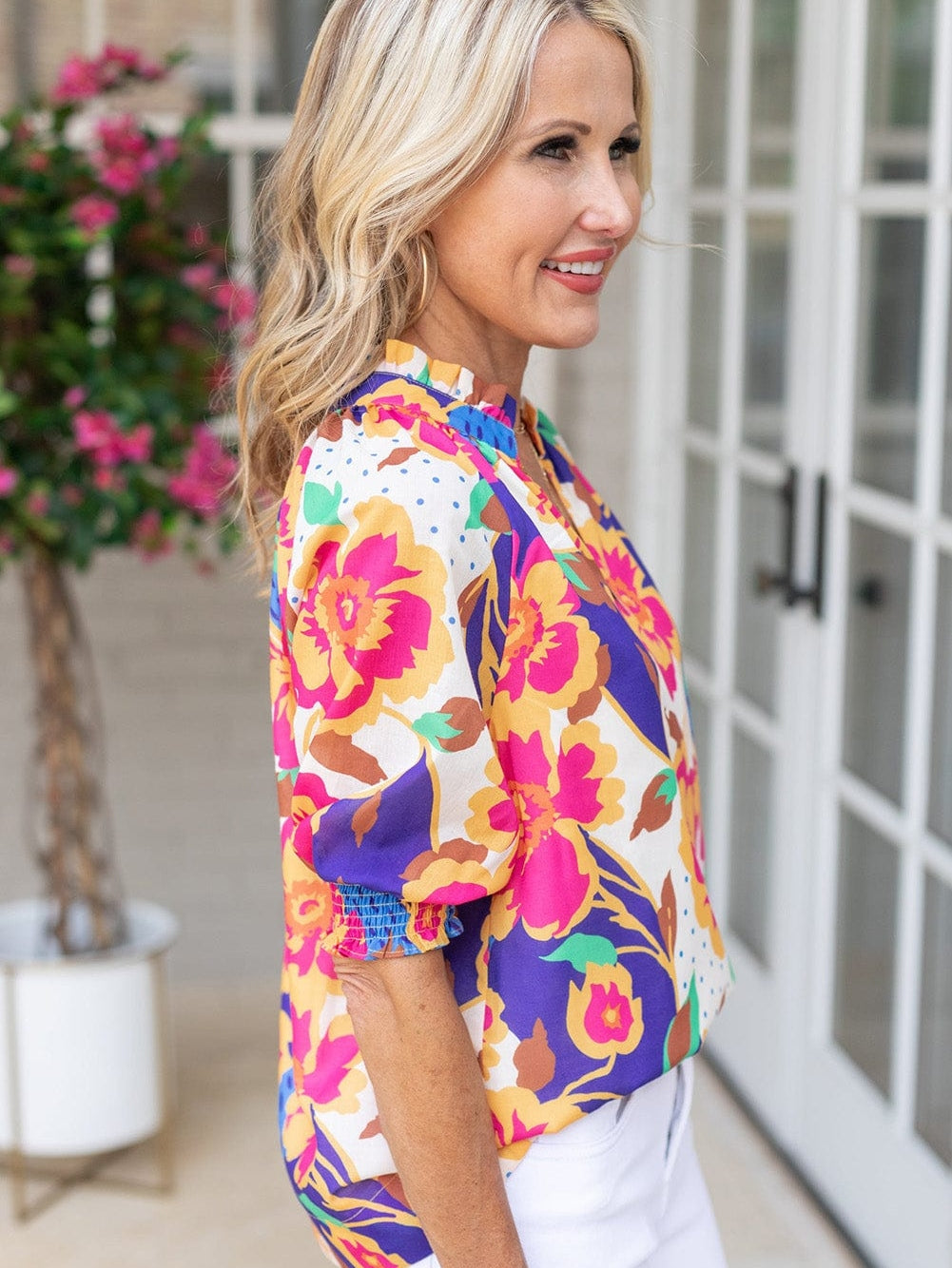 Rose Red Floral V-Neck Bubble Sleeve Blouse