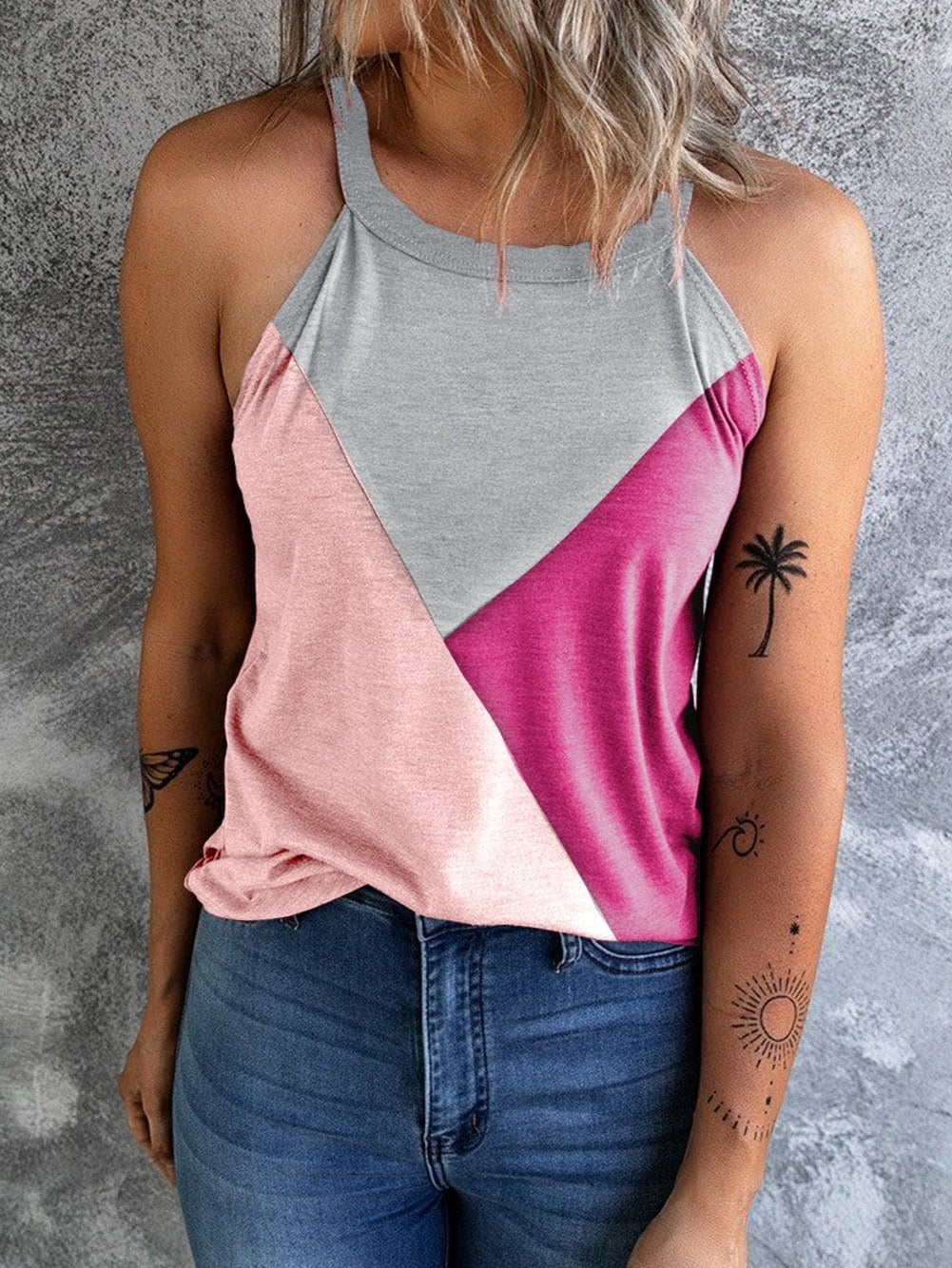 Rose Red Geometric Color Block Tank Top with Sleeveless Design