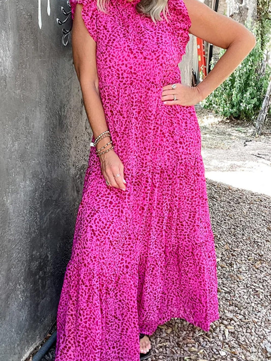 Rose Red Leopard Print Ruffle Tiered Maxi Dress with Flutter Sleeves