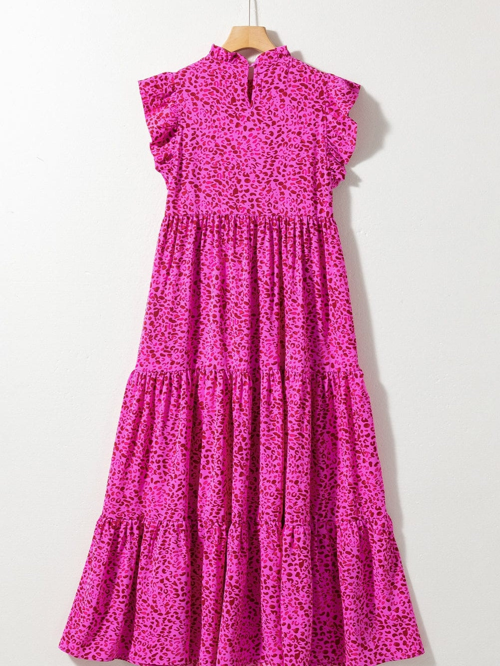 Rose Red Leopard Print Ruffle Tiered Maxi Dress with Flutter Sleeves