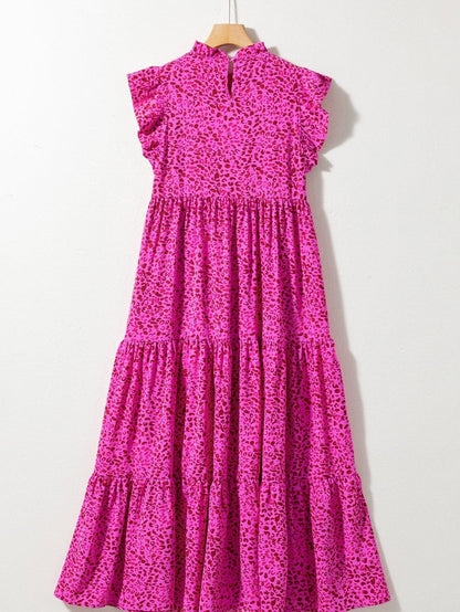 Rose Red Leopard Print Ruffle Tiered Maxi Dress with Flutter Sleeves