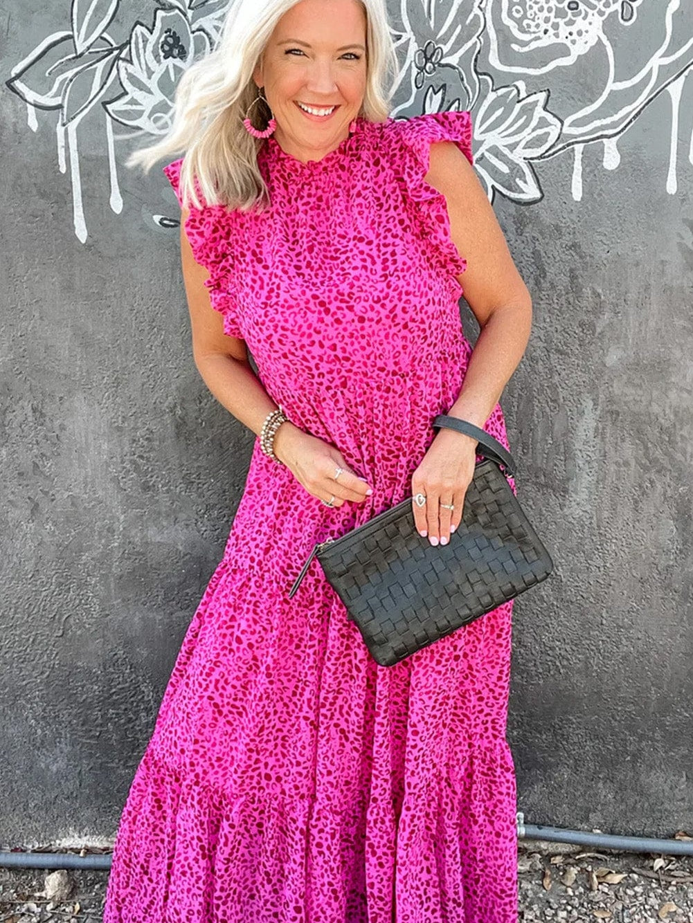 Rose Red Leopard Print Ruffle Tiered Maxi Dress with Flutter Sleeves