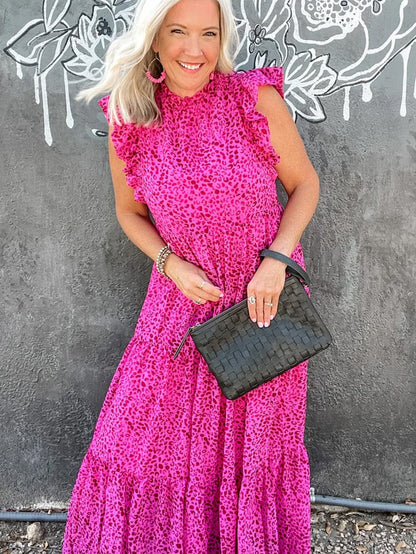 Rose Red Leopard Print Ruffle Tiered Maxi Dress with Flutter Sleeves