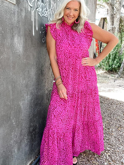 Rose Red Leopard Print Ruffle Tiered Maxi Dress with Flutter Sleeves