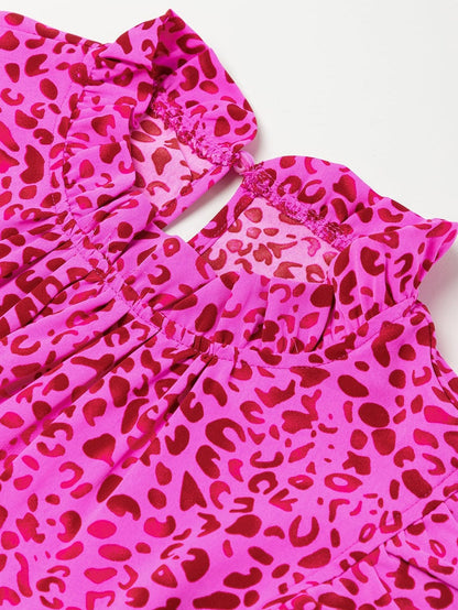 Rose Red Leopard Print Ruffle Tiered Maxi Dress with Flutter Sleeves