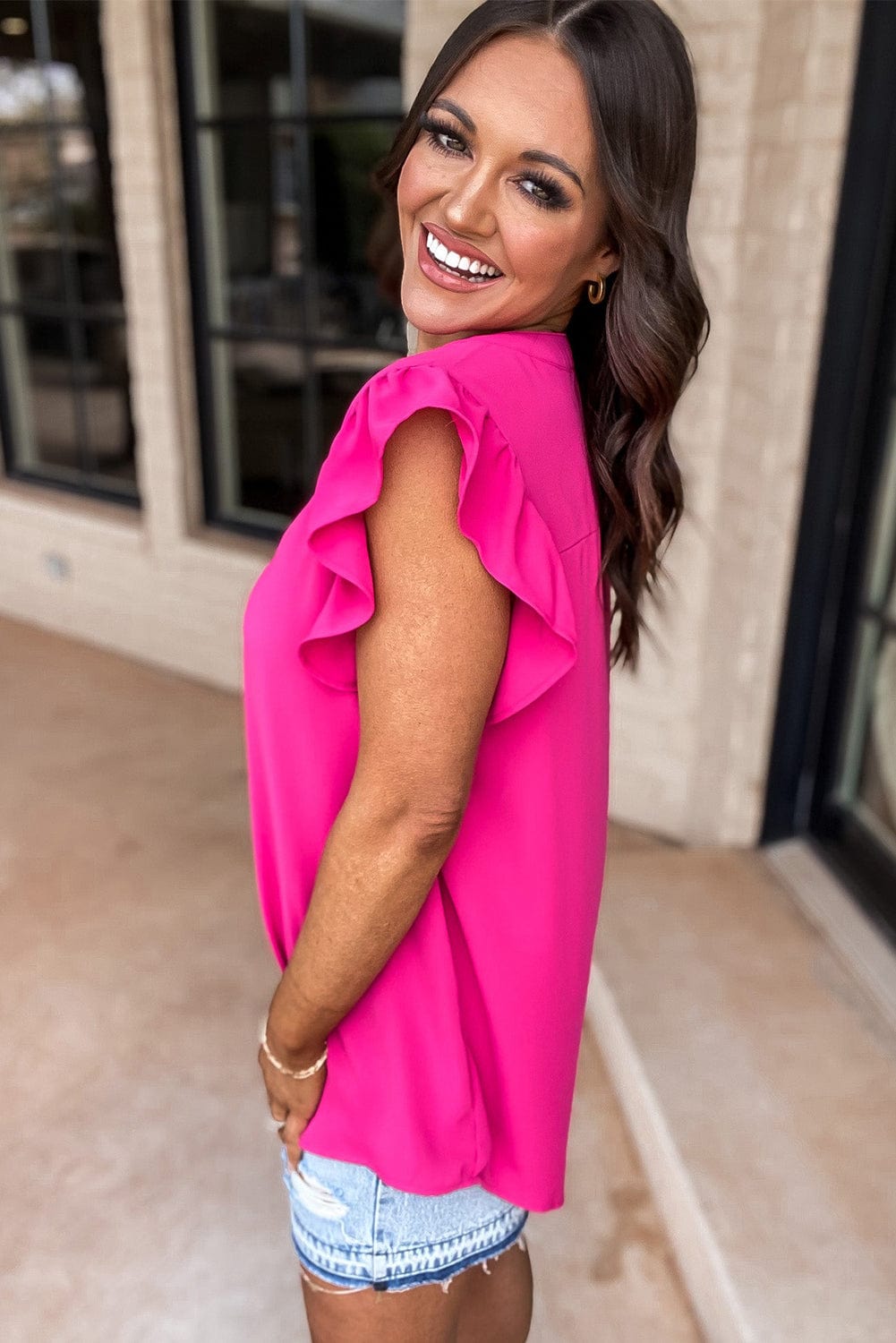 Rose Red Notched Neck Ruffle Sleeve Top