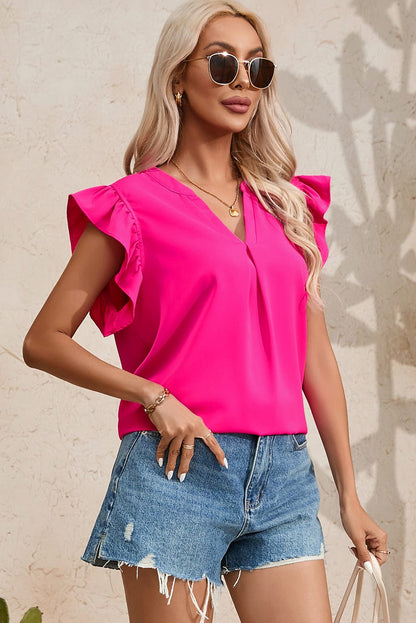 Rose Red Notched Neck Ruffle Sleeve Top