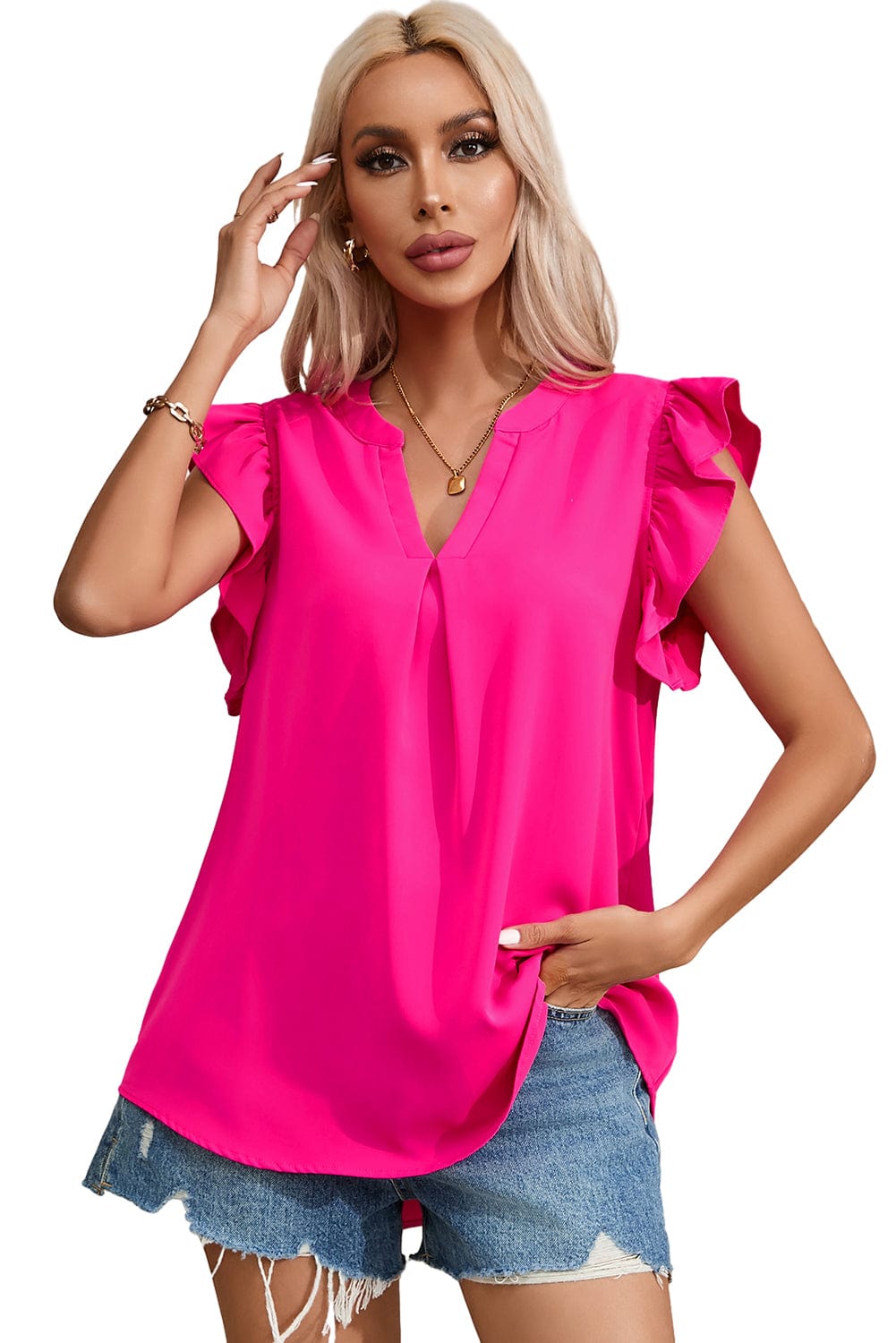 Rose Red Notched Neck Ruffle Sleeve Top