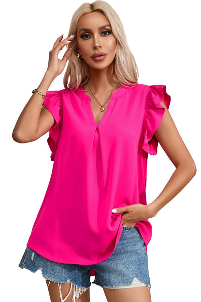 Rose Red Notched Neck Ruffle Sleeve Top